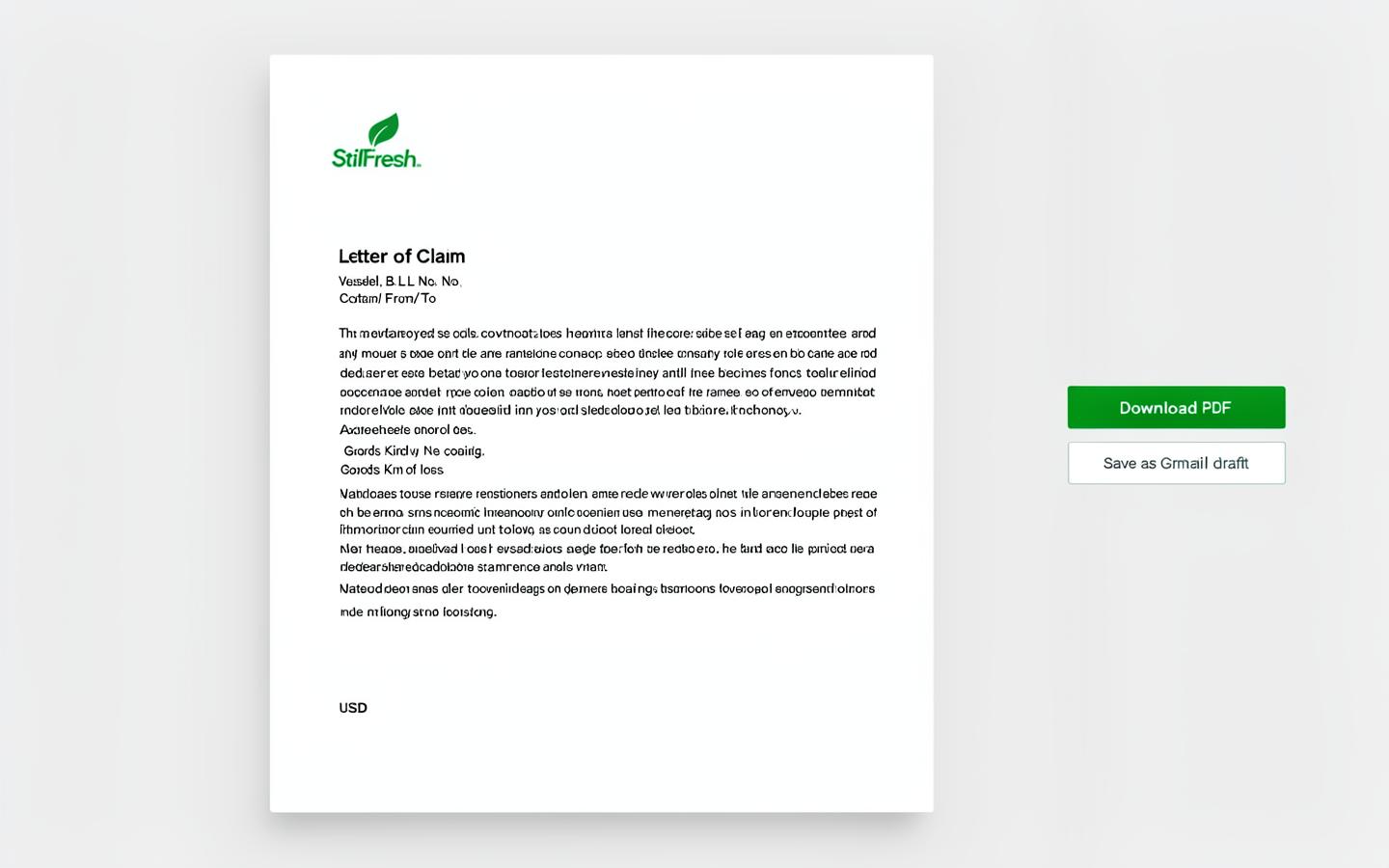 A letter of claim drafted on StilFresh letterhead, ready for review and PDF download