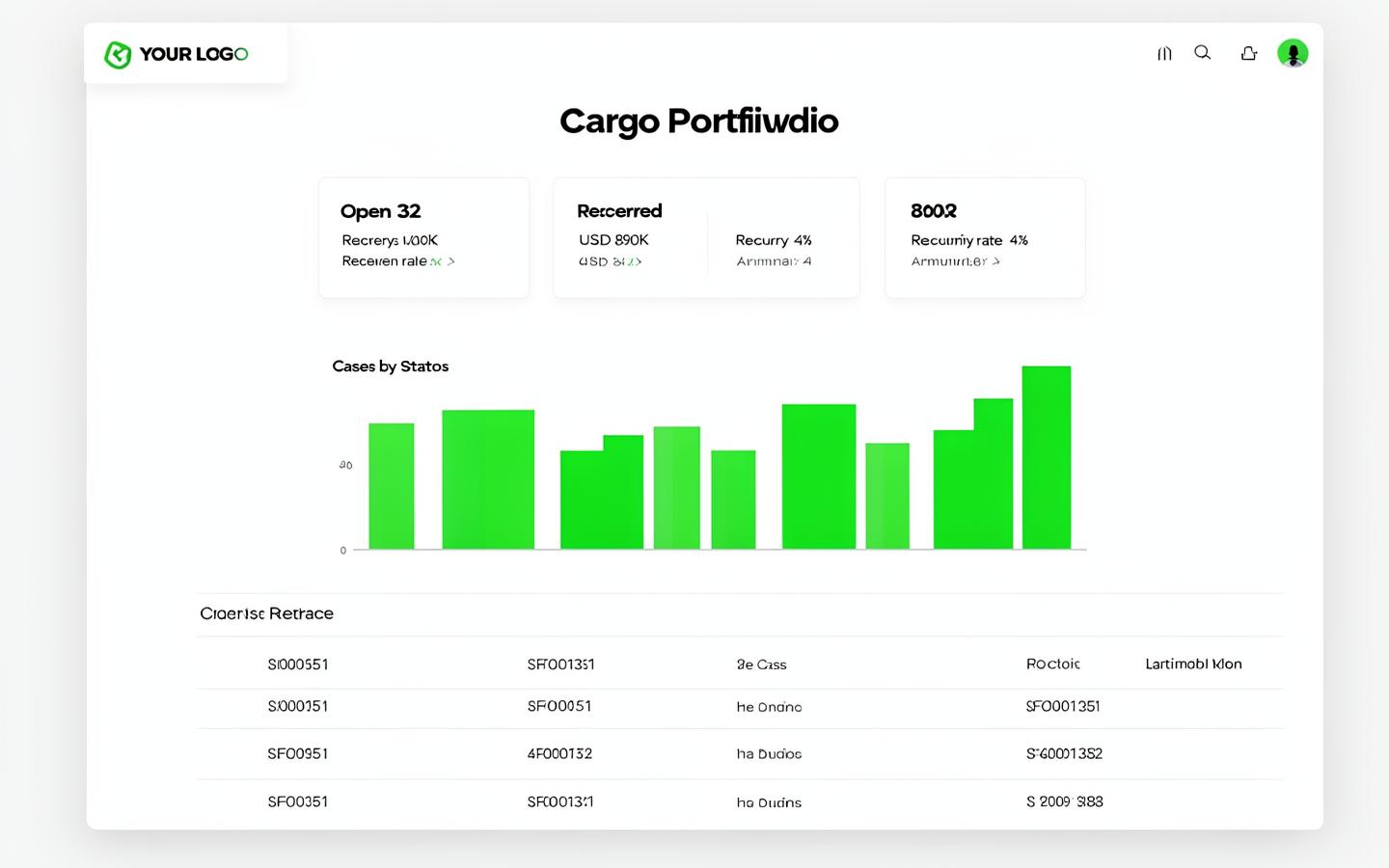A client portal showing a branded portfolio view with case statuses and recovery figures